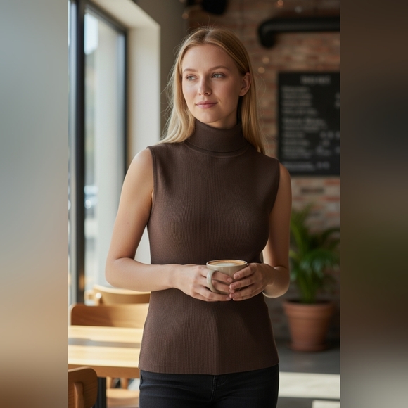 august silk Sweaters - August Silk Brown Ribbed Mock Neck Sleeveless Top Silk Blend Size Large